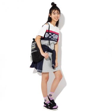 肩開きブロッキングTシャツワンピース