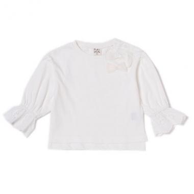 リボンつき袖フリルレースコットンTシャツ