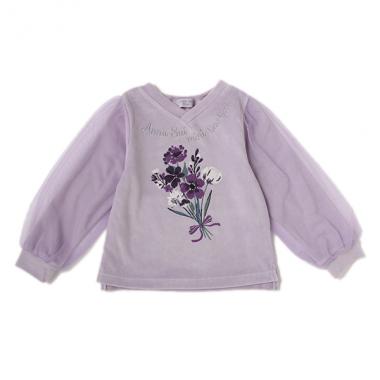 ベロア調袖チュールVネックTシャツ