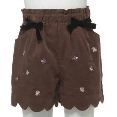 コール天 裾スカラップ花刺しゅうショートパンツ