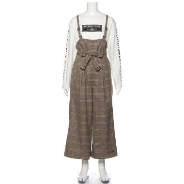 グレンチェックベルトつきサロペットパンツ