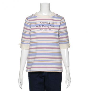 マルチボーダー袖リボンリブTシャツ