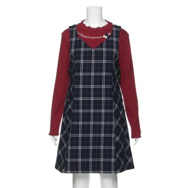 後ろリボンチェック柄ワンピース×ロゴ入りプチハイネックTシャツセット