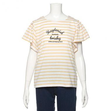 ロゴ刺しゅう入り袖フリルボーダー柄Tシャツ