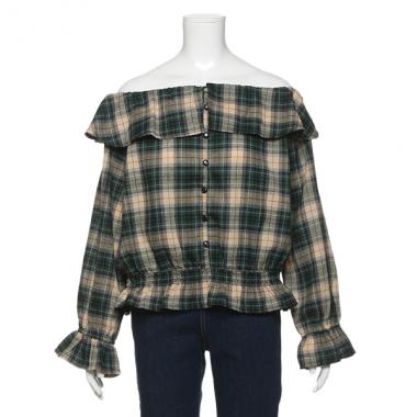 レトロチェックオフショルダーブラウス