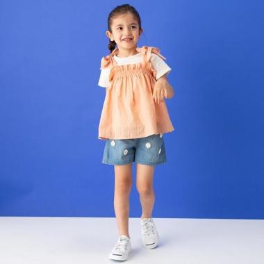 肩リボンチュニック×クルーネックTシャツ